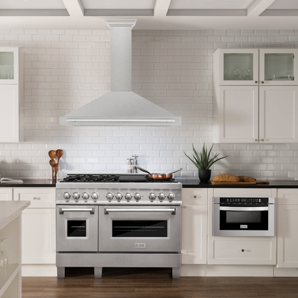 ZLINE 48 in. Convertible Satin Stainless Steel Wall Mount Range Hood with Colored Shell and Stainless Steel Handle (KB4SNX-48)