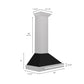 ZLINE 30 in. Convertible Satin Stainless Steel Wall Mount Range Hood with Colored Shell and Stainless Steel Handle (KB4SNX-30) dimensional diagram.