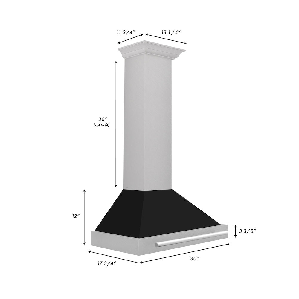 ZLINE 30 in. Convertible Satin Stainless Steel Wall Mount Range Hood with Colored Shell and Stainless Steel Handle (KB4SNX-30) dimensional diagram.