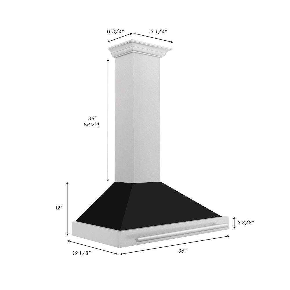 ZLINE 36 in. Convertible Fingerprint Resistant Satin Stainless Steel Range Hood with Colored Shell Options and Stainless Steel Handle (KB4SNX-36) dimensional diagram.