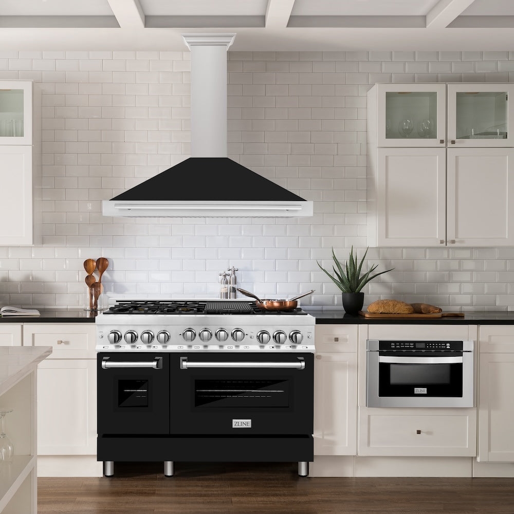 ZLINE 48 in. Convertible Satin Stainless Steel Wall Mount Range Hood with Colored Shell and Stainless Steel Handle (KB4SNX-48)