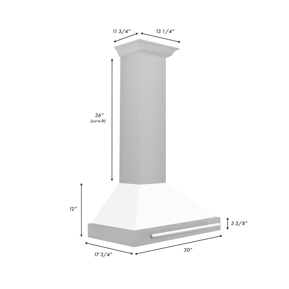 ZLINE 30 in. Convertible Satin Stainless Steel Wall Mount Range Hood with Colored Shell and Stainless Steel Handle (KB4SNX-30) dimensional diagram.