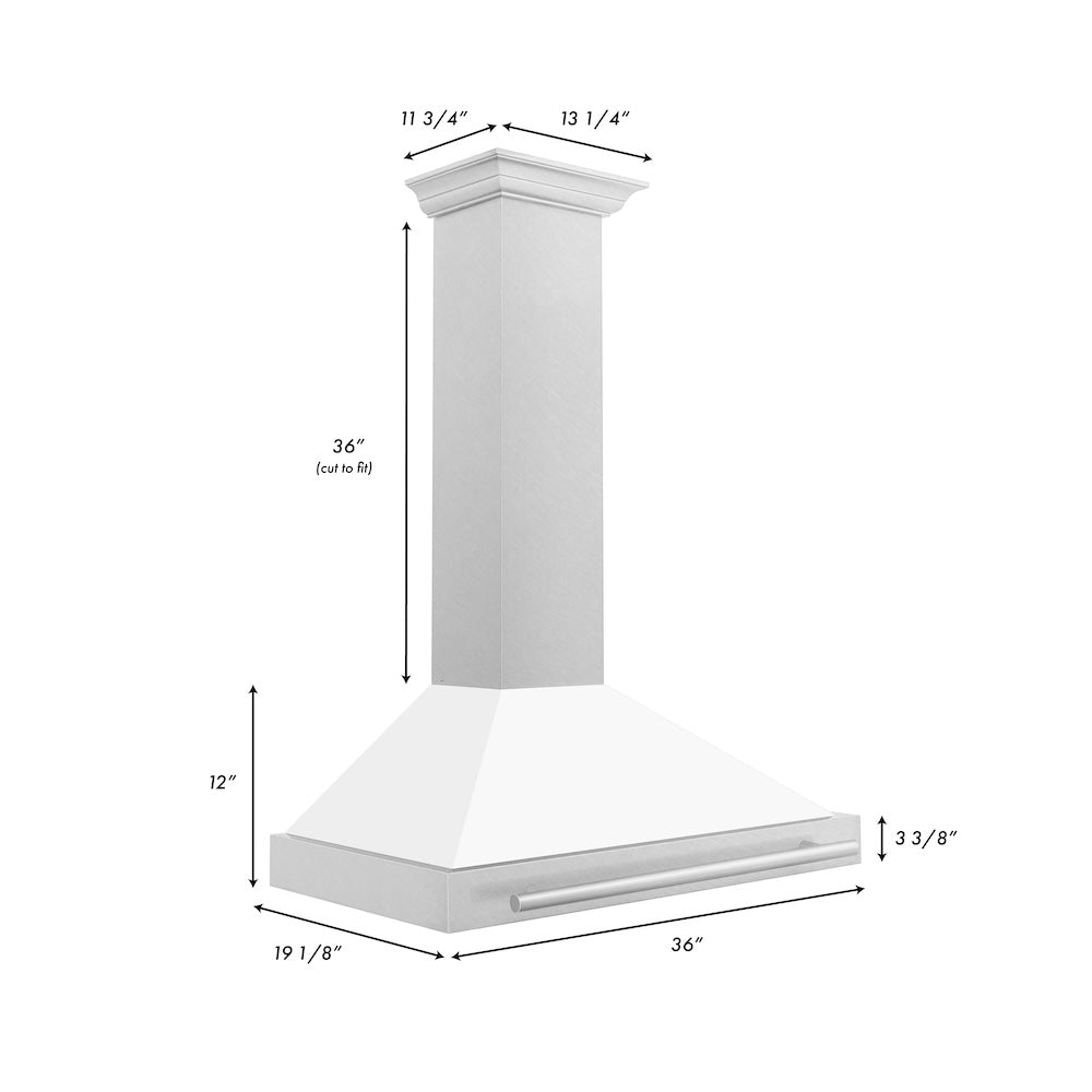 ZLINE 36 in. Convertible Fingerprint Resistant Satin Stainless Steel Range Hood with Colored Shell Options and Stainless Steel Handle (KB4SNX-36) dimensional diagram.