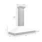 ZLINE 48 in. Convertible Satin Stainless Steel Wall Mount Range Hood with Colored Shell and Stainless Steel Handle (KB4SNX-48) dimensional diagram.