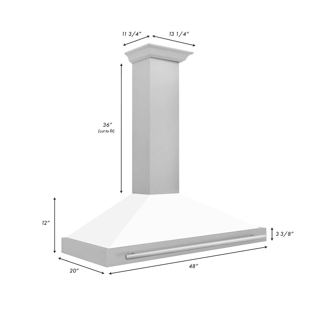 ZLINE 48 in. Convertible Satin Stainless Steel Wall Mount Range Hood with Colored Shell and Stainless Steel Handle (KB4SNX-48) dimensional diagram.