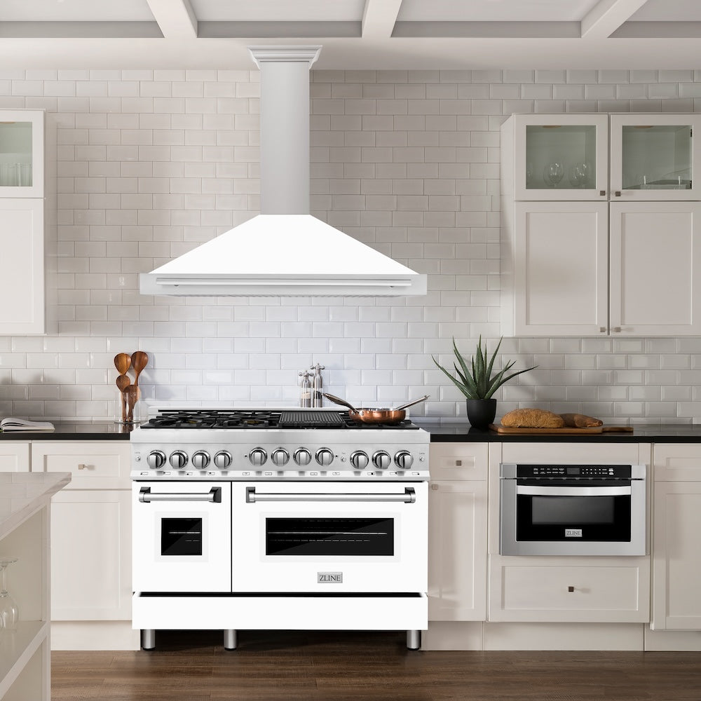 ZLINE 48 in. Convertible Satin Stainless Steel Wall Mount Range Hood with Colored Shell and Stainless Steel Handle (KB4SNX-48)