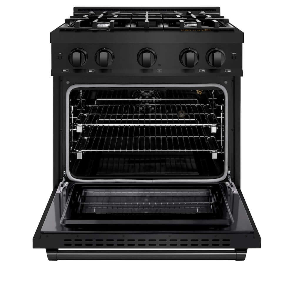 ZLINE 30 in. 4.2 cu. ft. Select Gas Range with 4 Burner Cooktop and Convection Gas Oven in Black Stainless Steel (HGRB-30) front, oven open.