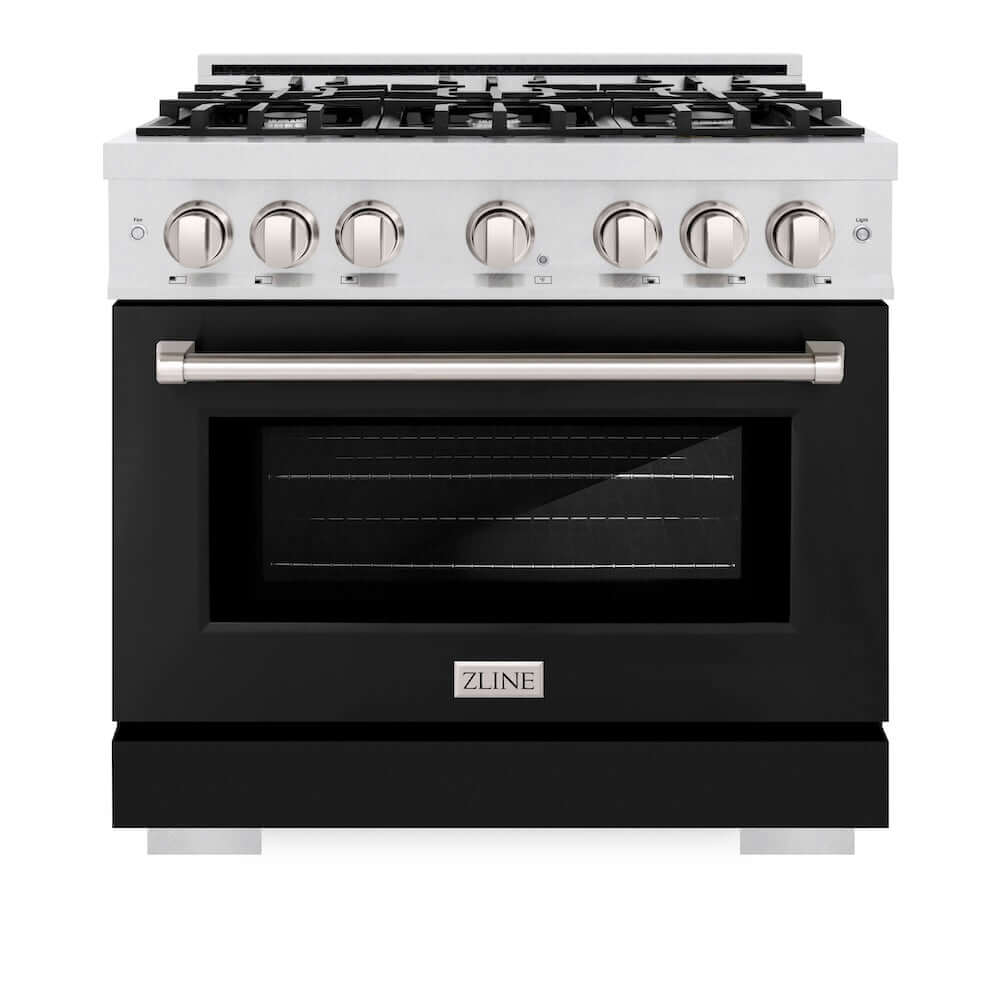 ZLINE 36 in. 5.2 cu. ft. Select Dual Fuel Range with 6 Burner Gas Cooktop and Electric Convection Oven in DuraSnow® Stainless Steel with Black Matte Door (HDRS-BLM-36)