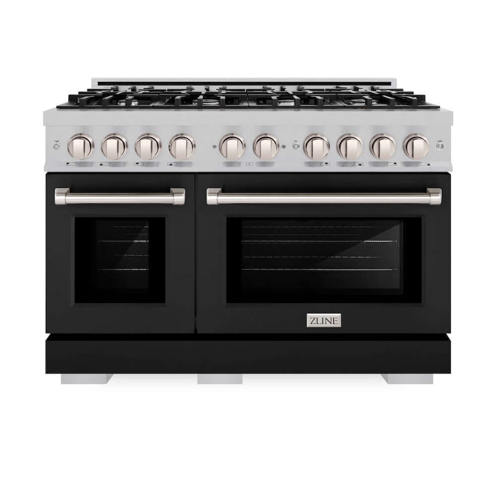 ZLINE 48 in. 6.7 cu. ft. Select Double Oven Gas Range with 8 Burner Cooktop in DuraSnow® Stainless Steel with Black Matte Doors (HGRS-BLM-48)