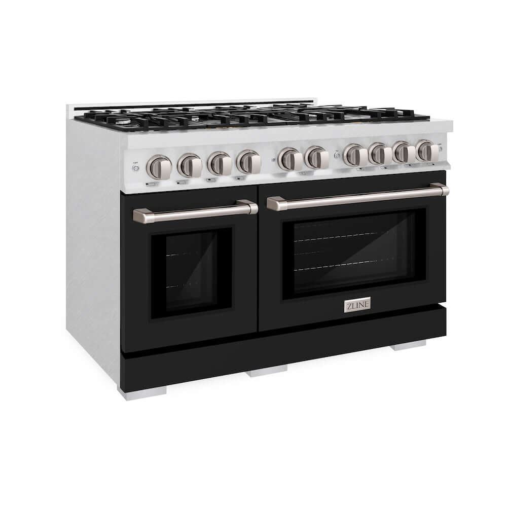 ZLINE 48 in. 6.7 cu. ft. Select Double Oven Gas Range with 8 Burner Cooktop in DuraSnow® Stainless Steel with Black Matte Doors (HGRS-BLM-48)