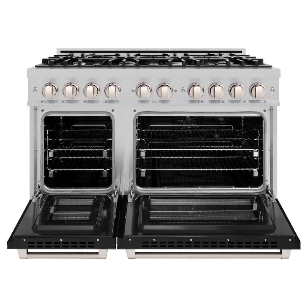 ZLINE 48 in. 6.7 cu. ft. Select Double Oven Dual Fuel Range with 8 Burner Gas Cooktop in DuraSnow® Stainless Steel with Black Matte Doors (HDRS-BLM-48)