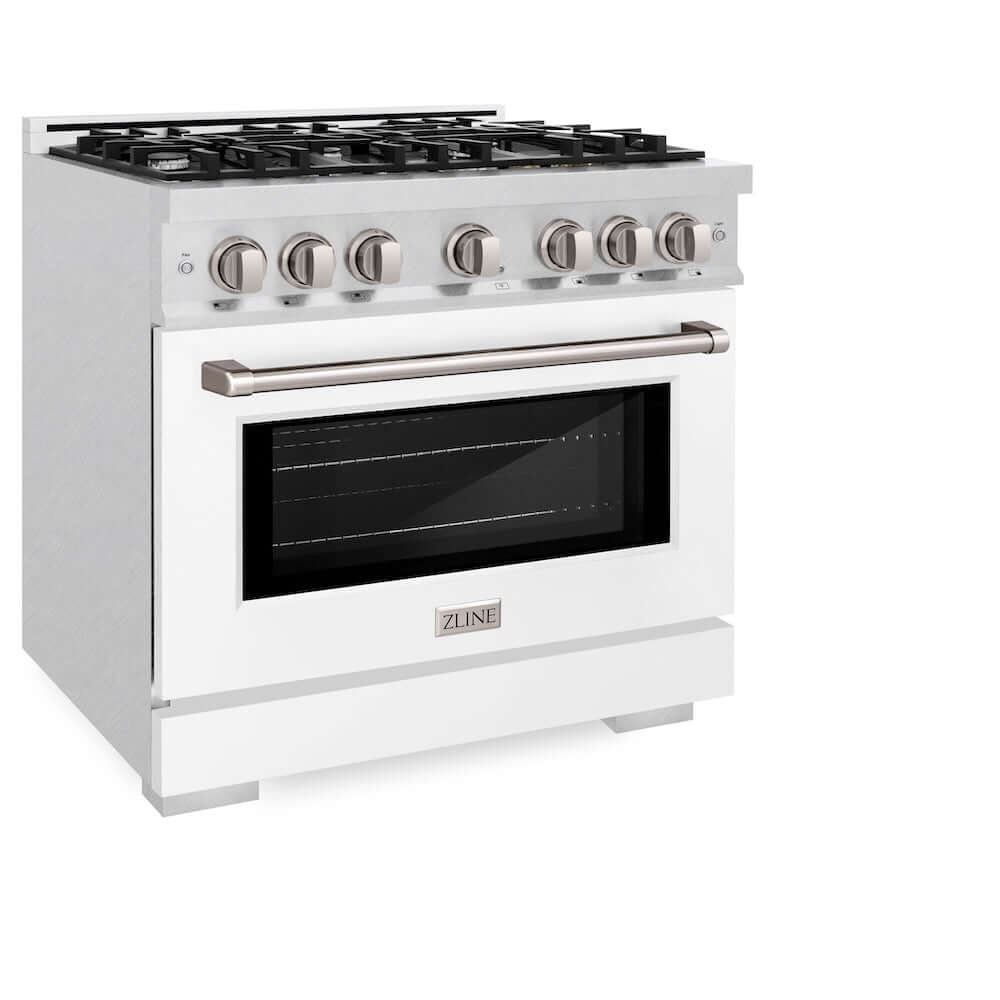 ZLINE 36 in. 5.2 cu. ft. Select Dual Fuel Range with 6 Burner Gas Cooktop and Electric Convection Oven in DuraSnow® Stainless Steel with White Matte Door (HDRS-WM-36)