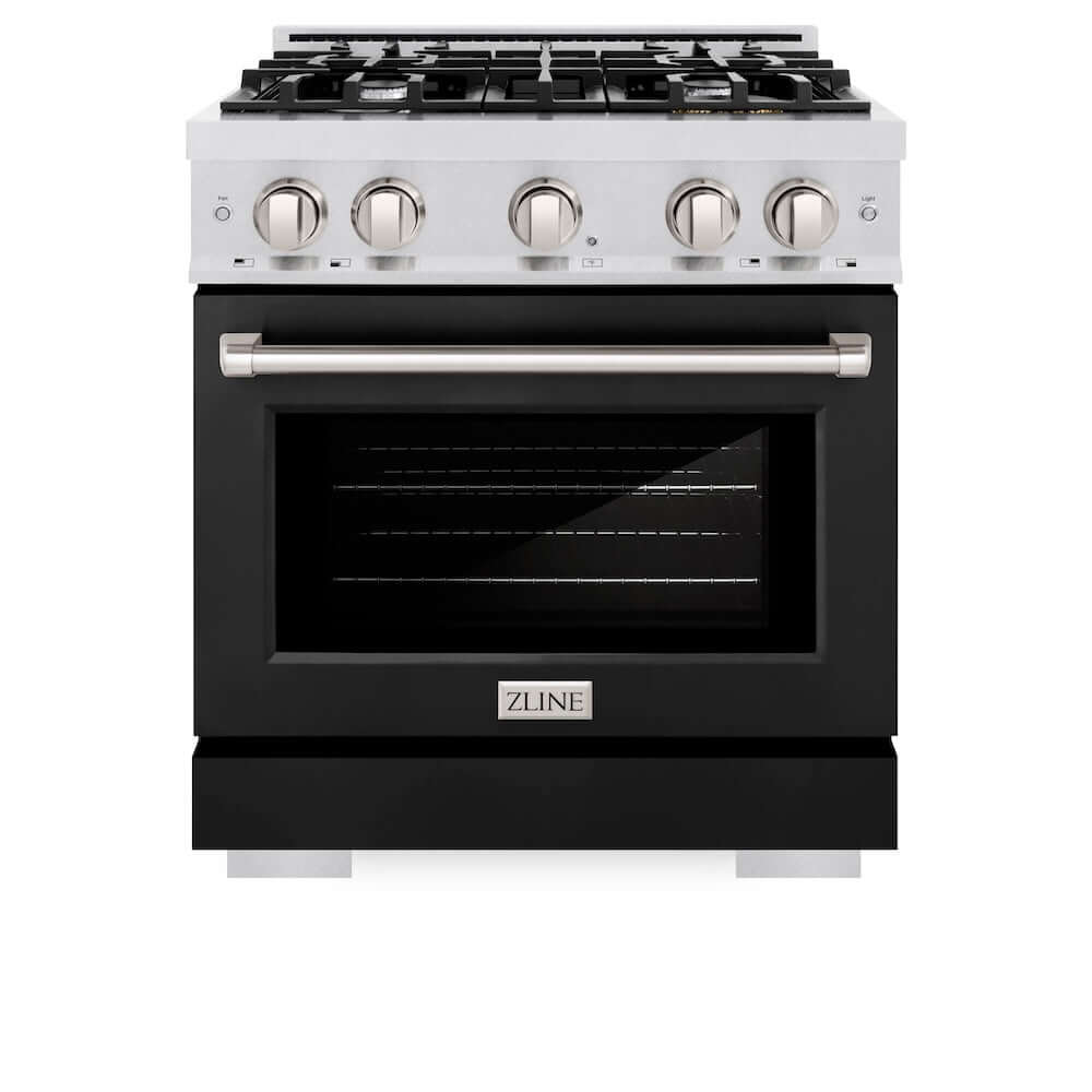 ZLINE 30 in. 4.2 cu. ft. Select Gas Range with 4 Burner Cooktop and Convection Gas Oven in DuraSnow® Stainless Steel with Black Matte Door (HGRS-BLM-30)