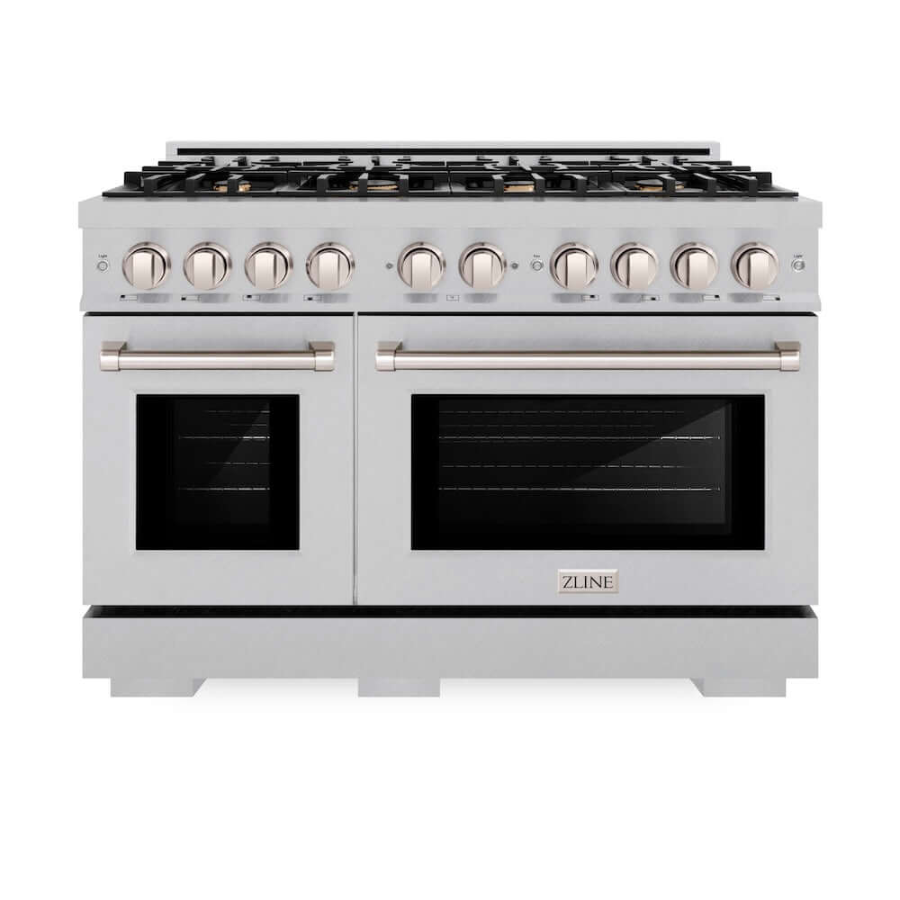 ZLINE 48 in. 6.7 cu. ft. Select Double Oven Gas Range in DuraSnow® Stainless Steel with 8 Brass Burners (HGRS-BR-48)