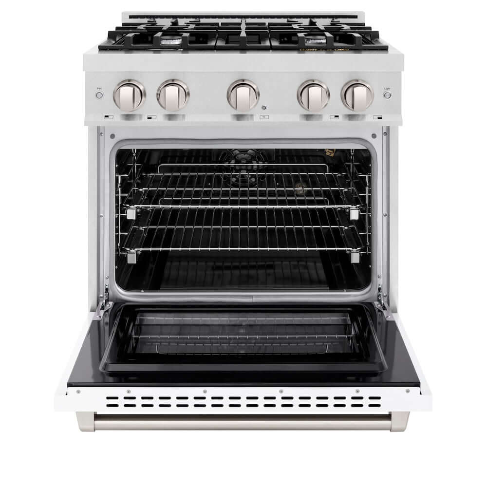 ZLINE 30 in. 4.2 cu. ft. Select Gas Range with 4 Burner Cooktop and Convection Gas Oven in DuraSnow® Stainless Steel with White Matte Door (HGRS-WM-30)