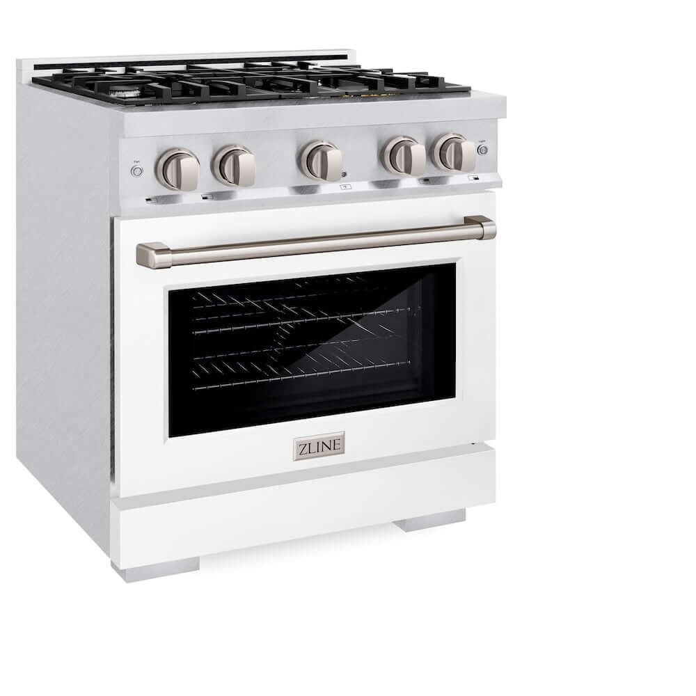 ZLINE 30 in. 4.2 cu. ft. Select Gas Range with 4 Burner Cooktop and Convection Gas Oven in DuraSnow® Stainless Steel with White Matte Door (HGRS-WM-30)