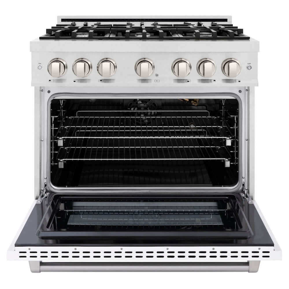 ZLINE 36 in. 5.2 cu. ft. Select Gas Range with 6 Burner Cooktop and Convection Gas Oven in DuraSnow® Stainless Steel with White Matte Door (HGRS-WM-36)