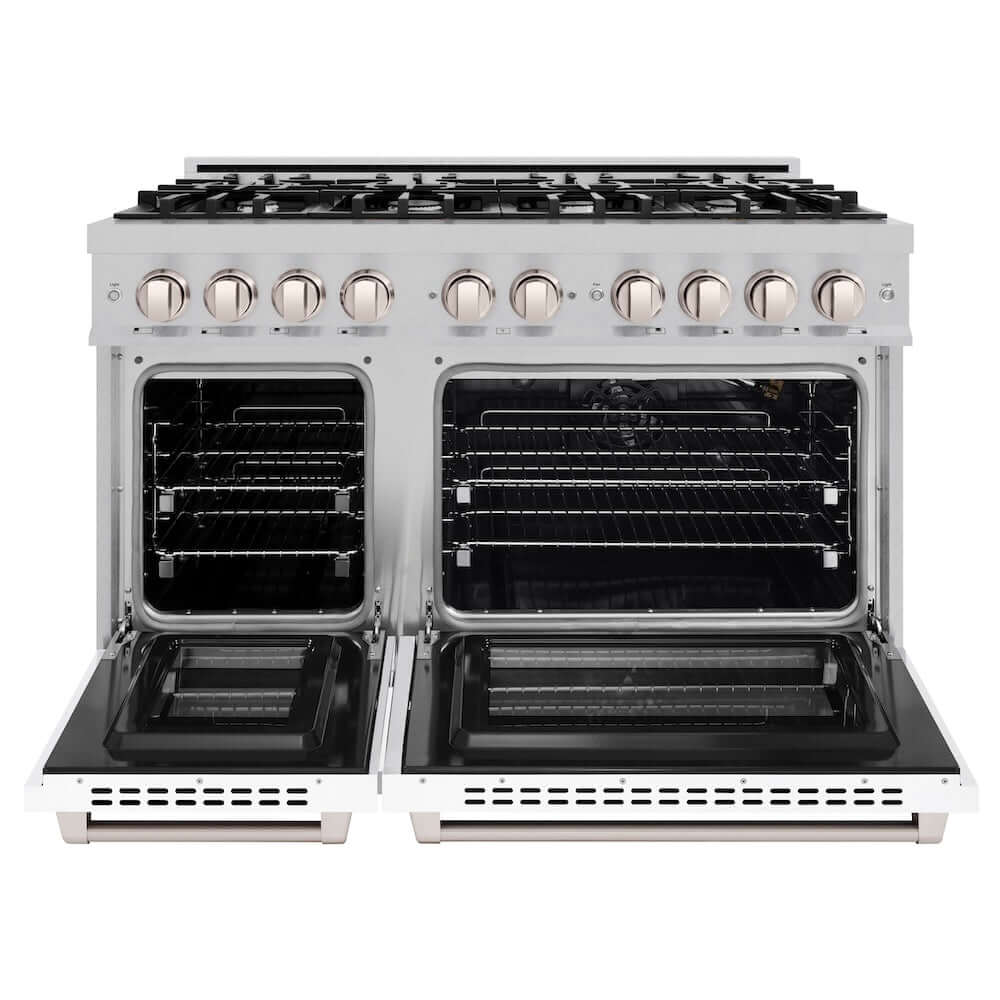 ZLINE 48 in. 6.7 cu. ft. Select Double Oven Gas Range with 8 Burner Cooktop in DuraSnow® Stainless Steel with White Matte Doors (HGRS-WM-48)