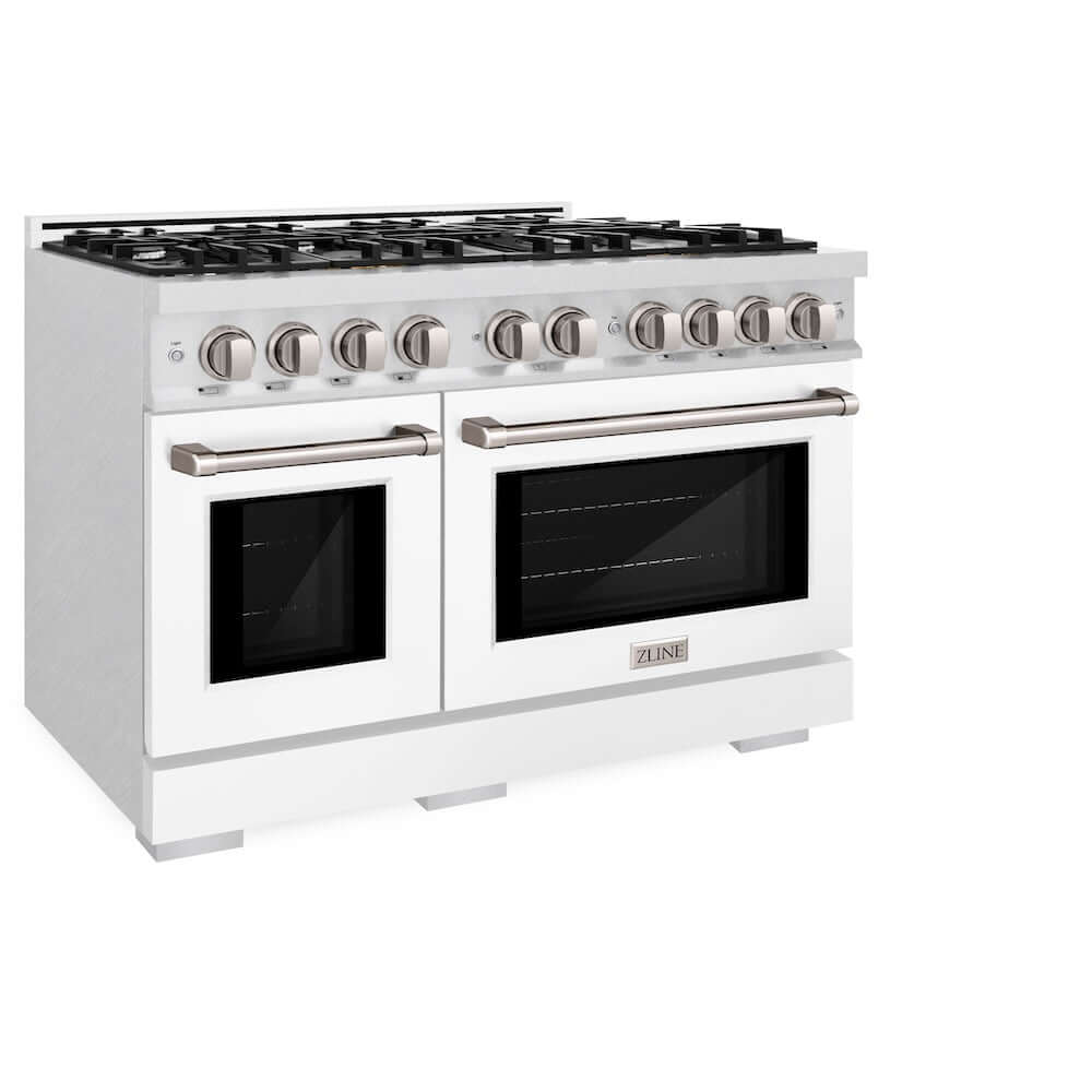 ZLINE 48 in. 6.7 cu. ft. Select Double Oven Gas Range with 8 Burner Cooktop in DuraSnow® Stainless Steel with White Matte Doors (HGRS-WM-48)