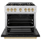ZLINE Autograph Edition 36 in. 5.2 cu. ft. Select Dual Fuel Range with 6 Burner Gas Cooktop and Electric Convection Oven in Satin Stainless Steel with Black Matte Door and Champagne Bronze Accents, Open Box-Great Condition
