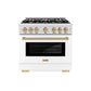 ZLINE Autograph Edition 36 in. 5.2 cu. ft. Select Dual Fuel Range with 6 Burner Gas Cooktop and Electric Convection Oven in Satin Stainless Steel with White Matte Door and Champagne Bronze Accents, Open Box-Great Condition