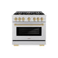 ZLINE Autograph Edition 36 in. 5.2 cu. ft. Select Gas Range with 6 Burner Cooktop and Convection Gas Oven in Satin Stainless Steel and Champagne Bronze Accents, Open Box-Great Condition
