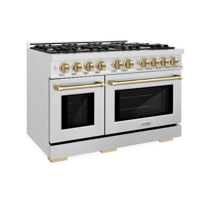ZLINE Autograph Edition 48 in. 6.7 cu. ft. Select Double Oven Gas Range with 8 Burner Cooktop in Satin Stainless Steel and Champagne Bronze Accents, Open Box-Great Condition