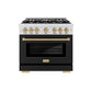 ZLINE Autograph Edition 36 in. 5.2 cu. ft. Select Gas Range with 6 Burner Cooktop and Convection Gas Oven in Satin Stainless Steel with Black Matte Door and Champagne Bronze Accents, Open Box-Great Condition