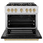 ZLINE Autograph Edition 36 in. 5.2 cu. ft. Select Gas Range with 6 Burner Cooktop and Convection Gas Oven in Satin Stainless Steel with Black Matte Door and Champagne Bronze Accents, Open Box-Great Condition