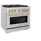 ZLINE Autograph Edition 36 in. 5.2 cu. ft. Select Dual Fuel Range with 6 Burner Gas Cooktop and Electric Convection Oven in Satin Stainless Steel with Polished Gold Accents, Open Box-Great Condition