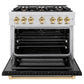 ZLINE Autograph Edition 36 in. 5.2 cu. ft. Select Dual Fuel Range with 6 Burner Gas Cooktop and Electric Convection Oven in Satin Stainless Steel with Black Matte Door and Polished Gold Accents, Open Box-Great Condition