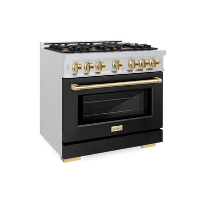 ZLINE Autograph Edition 36 in. 5.2 cu. ft. Select Dual Fuel Range with 6 Burner Gas Cooktop and Electric Convection Oven in Satin Stainless Steel with Black Matte Door and Polished Gold Accents, Open Box-Great Condition