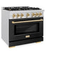 ZLINE Autograph Edition 36 in. 5.2 cu. ft. Select Dual Fuel Range with 6 Burner Gas Cooktop and Electric Convection Oven in Satin Stainless Steel with Black Matte Door and Polished Gold Accents, Open Box-Great Condition