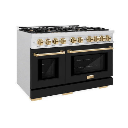 ZLINE Autograph Edition 48 in. 6.7 cu. ft. Select Double Oven Dual Fuel Range with 8 Burner Gas Cooktop in Satin Stainless Steel with Black Matte Doors and Polished Gold Accents, Open Box-Great Condition