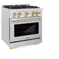 ZLINE Autograph Edition 30 in. 4.2 cu. ft. Select Gas Range with 4 Burner Cooktop and Convection Gas Oven in Satin Stainless Steel and Polished Gold Accents, Open Box-Great Condition