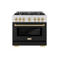ZLINE Autograph Edition 36 in. 5.2 cu. ft. Select Gas Range with 6 Burner Cooktop and Convection Gas Oven in Satin Stainless Steel with Black Matte Door and Polished Gold Accents, Open Box-Great Condition