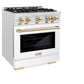 ZLINE Autograph Edition 30 in. 4.2 cu. ft. Select Gas Range with 4 Burner Cooktop and Convection Gas Oven in Satin Stainless Steel with White Matte Door and Polished Gold Accents, Open Box-Great Condition