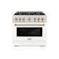 ZLINE Autograph Edition 36 in. 5.2 cu. ft. Select Gas Range with 6 Burner Cooktop and Convection Gas Oven in Satin Stainless Steel with White Matte Door and Polished Gold Accents, Open Box-Great Condition