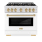 ZLINE Autograph Edition 36 in. 5.2 cu. ft. Select Gas Range with 6 Burner Cooktop and Convection Gas Oven in Satin Stainless Steel with White Matte Door and Polished Gold Accents, Open Box-Great Condition