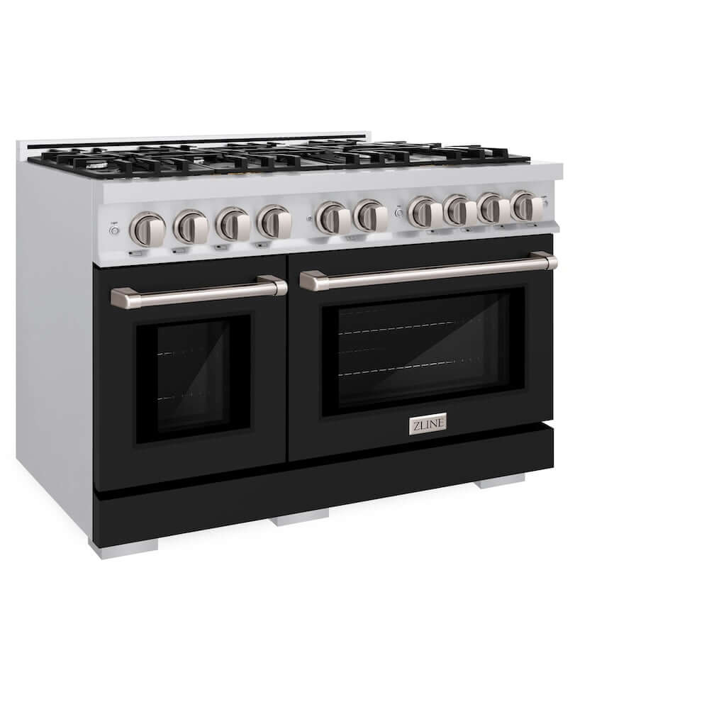 ZLINE 48 in. 6.7 cu. ft. Select Double Oven Gas Range with 8 Burner Cooktop in Stainless Steel with Black Matte Doors (HGR-BLM-48)