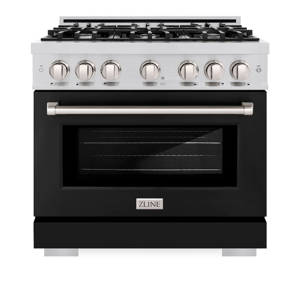 ZLINE 36 in. 5.2 cu. ft. Select Dual Fuel Range with 6 Burner Gas Cooktop and Electric Convection Oven in Stainless Steel with Black Matte Door (HDR-BLM-36)