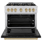 ZLINE Autograph Edition 36 in. 5.2 cu. ft. Select Dual Fuel Range with 6 Burner Gas Cooktop and Electric Convection Oven in Stainless Steel with Black Matte Door and Champagne Bronze Accents, Open Box-Great Condition