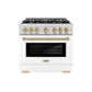 ZLINE Autograph Edition 36 in. 5.2 cu. ft. Select Dual Fuel Range with 6 Burner Gas Cooktop and Electric Convection Oven in Stainless Steel with White Matte Door and Champagne Bronze Accents, Open Box-Great Condition