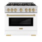 ZLINE Autograph Edition 36 in. 5.2 cu. ft. Select Dual Fuel Range with 6 Burner Gas Cooktop and Electric Convection Oven in Stainless Steel with White Matte Door and Champagne Bronze Accents, Open Box-Great Condition