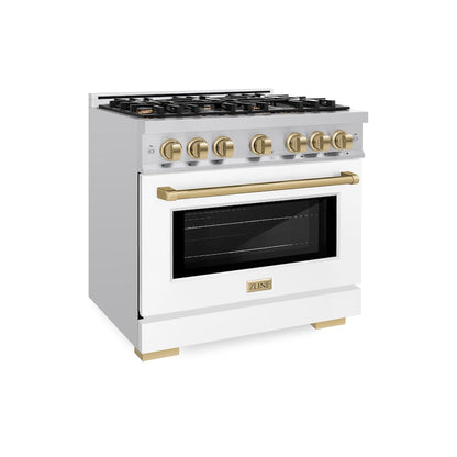 ZLINE Autograph Edition 36 in. 5.2 cu. ft. Select Dual Fuel Range with 6 Burner Gas Cooktop and Electric Convection Oven in Stainless Steel with White Matte Door and Champagne Bronze Accents, Open Box-Great Condition