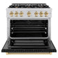 ZLINE Autograph Edition 36 in. 5.2 cu. ft. Select Dual Fuel Range with 6 Burner Gas Cooktop and Electric Convection Oven in Stainless Steel with Black Matte Door and Polished Gold Accents, Open Box-Great Condition
