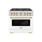 ZLINE Autograph Edition 36 in. 5.2 cu. ft. Select Dual Fuel Range with 6 Burner Gas Cooktop and Electric Convection Oven in Stainless Steel with White Matte Door and Polished Gold Accents, Open Box-Great Condition