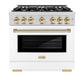 ZLINE Autograph Edition 36 in. 5.2 cu. ft. Select Dual Fuel Range with 6 Burner Gas Cooktop and Electric Convection Oven in Stainless Steel with White Matte Door and Polished Gold Accents, Open Box-Great Condition