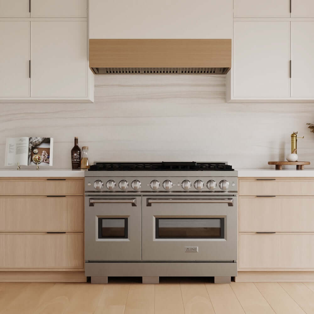 ZLINE 48 in. 6.7 cu. ft. Classic Double Oven Gas Range with 8 Burner Cooktop in Stainless Steel (CGR48) in a luxury kitchen.