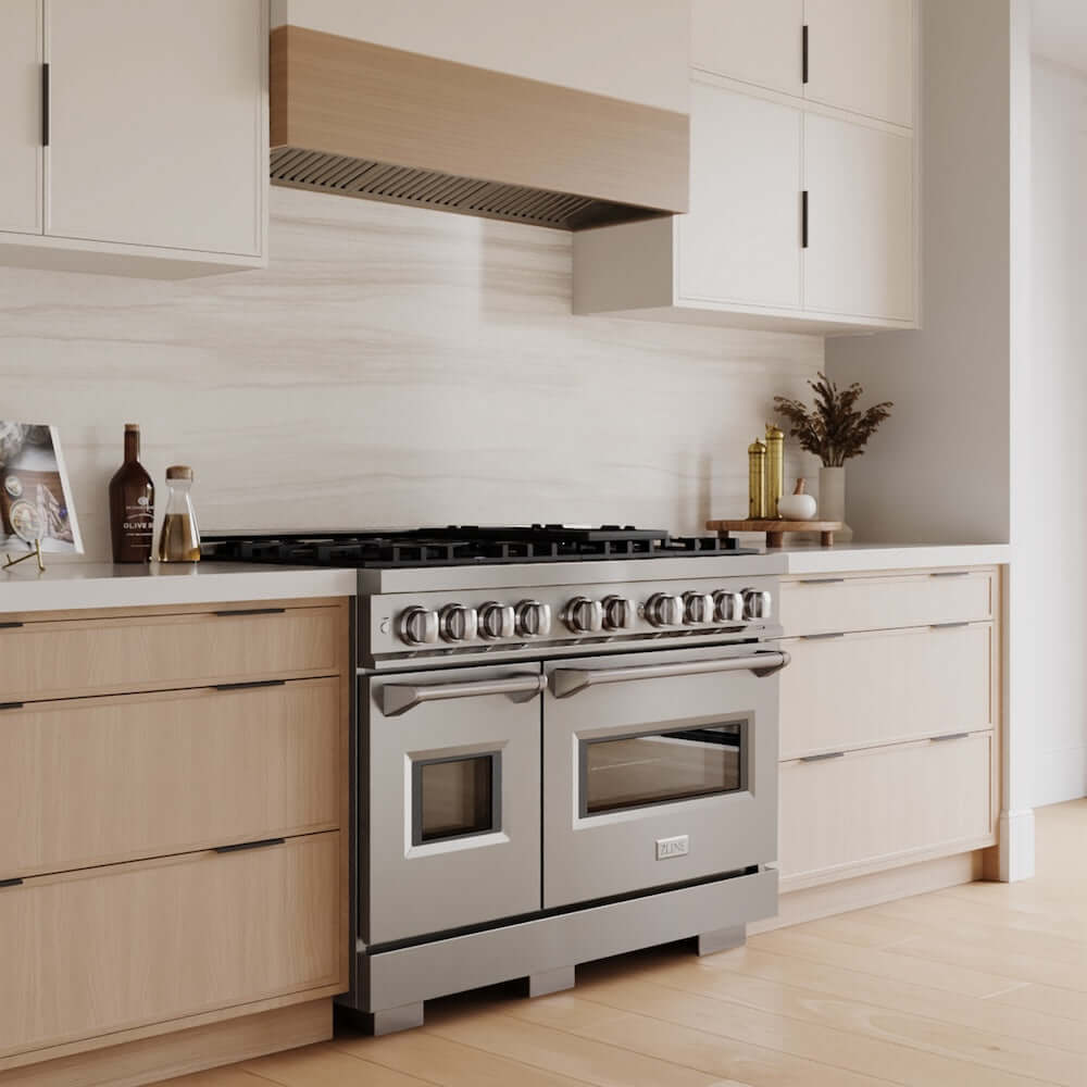 ZLINE 48 in. 6.7 cu. ft. Classic Double Oven Gas Range with 8 Burner Cooktop in Stainless Steel (CGR48) in a luxury kitchen.